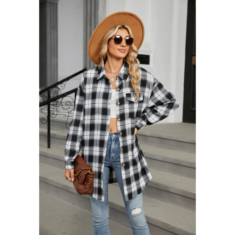 Plaid Collared Neck Long Sleeve Shirt Black / S Apparel and Accessories