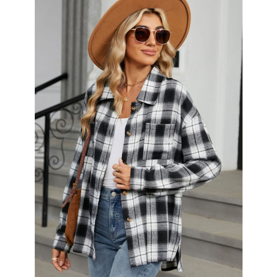 Plaid Collared Neck Long Sleeve Shirt Black / S Apparel and Accessories