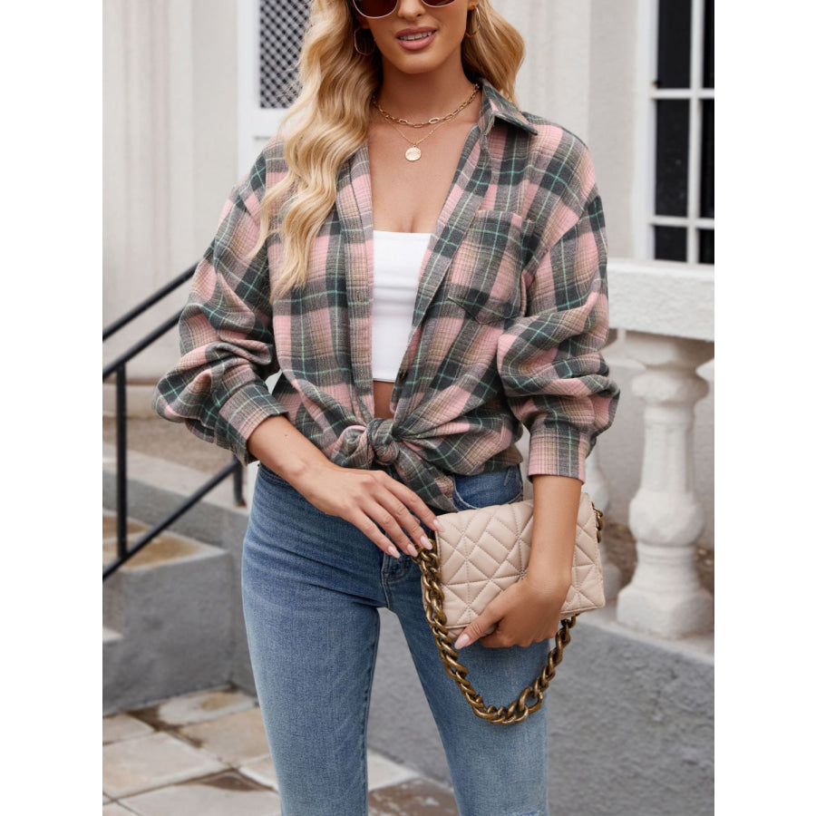 Plaid Collared Neck Long Sleeve Shirt Blush Pink / S Apparel and Accessories