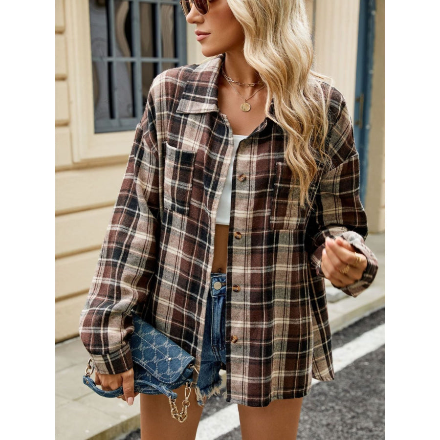 Plaid Collared Neck Long Sleeve Shirt Brown / S Apparel and Accessories