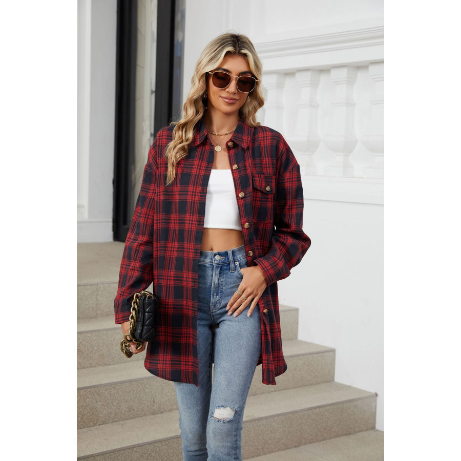 Plaid Collared Neck Long Sleeve Shirt Burgundy / S Apparel and Accessories