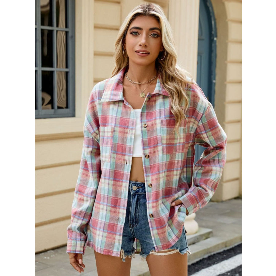 Plaid Collared Neck Long Sleeve Shirt Burnt Coral / S Apparel and Accessories