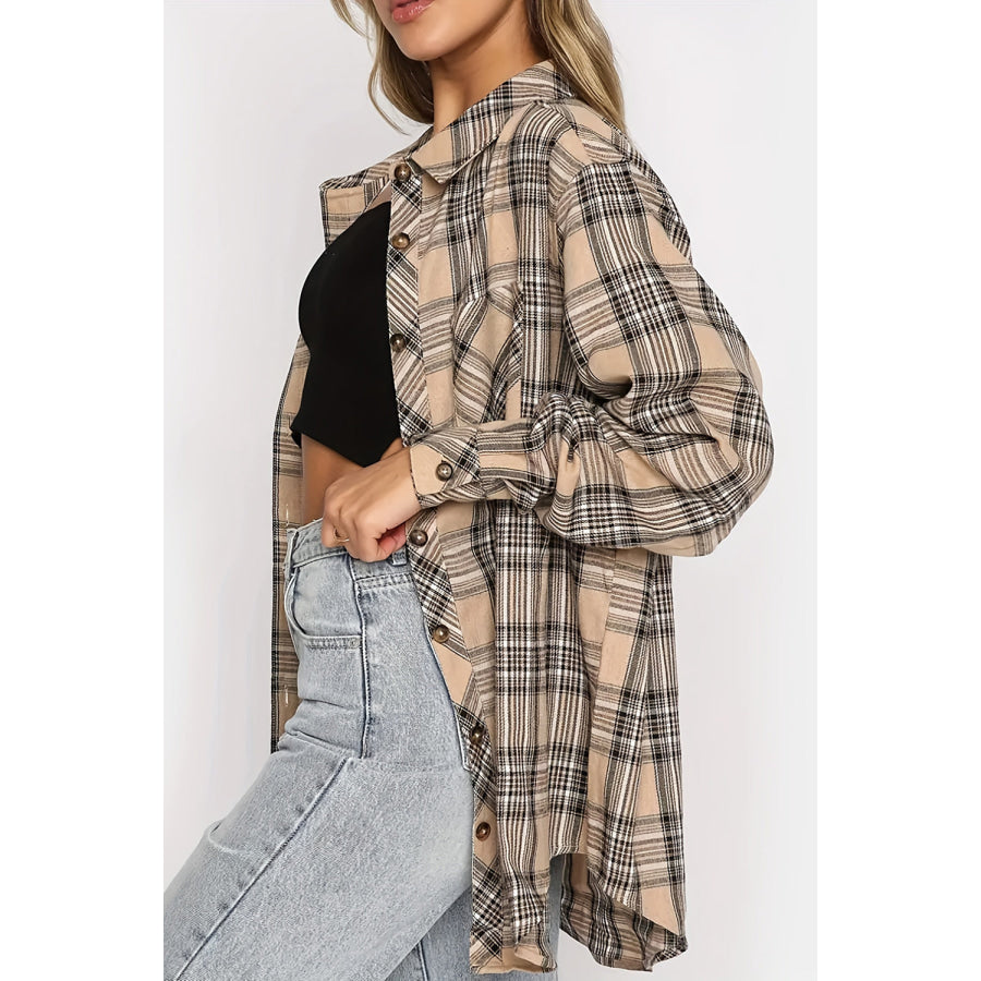 Plaid Collared Neck Long Sleeve Shirt Camel / S Apparel and Accessories