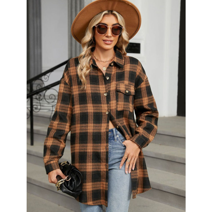 Plaid Collared Neck Long Sleeve Shirt Caramel / S Apparel and Accessories