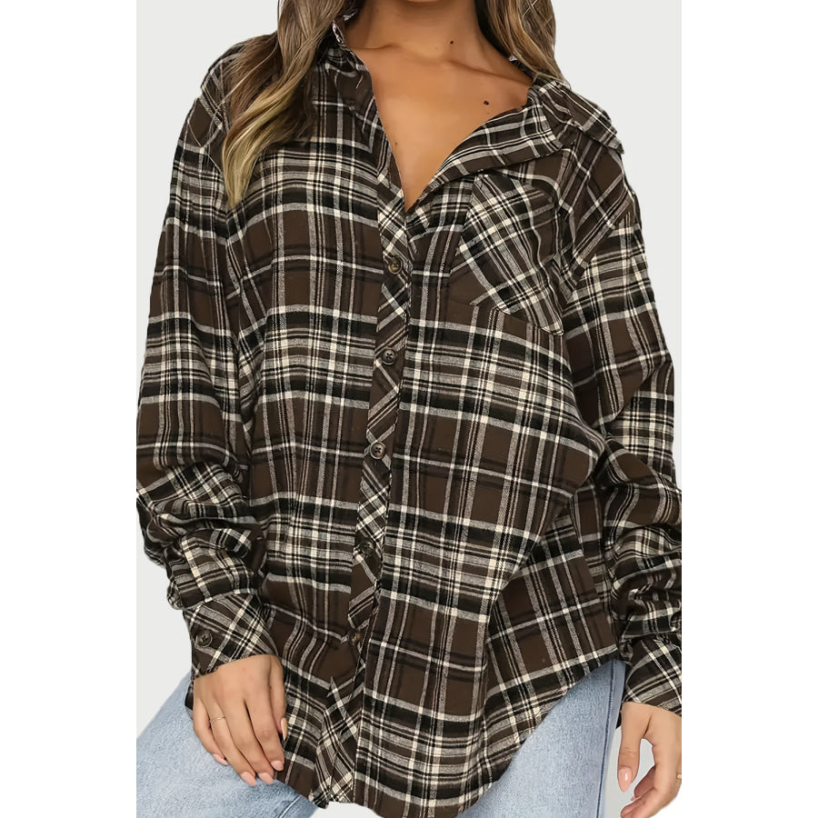 Plaid Collared Neck Long Sleeve Shirt Chocolate / S Apparel and Accessories