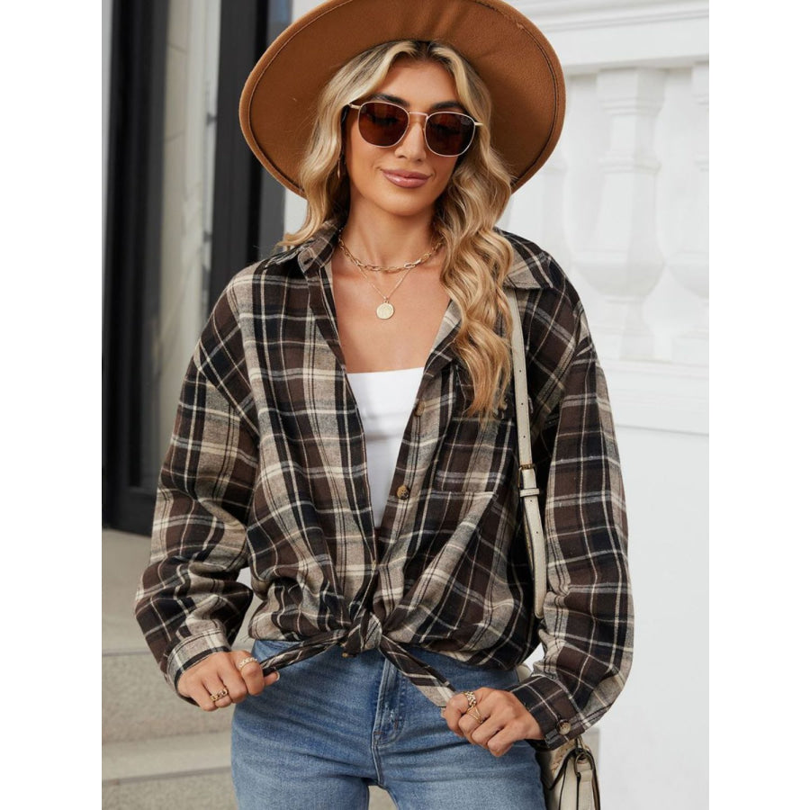 Plaid Collared Neck Long Sleeve Shirt Coffee Brown / S Apparel and Accessories