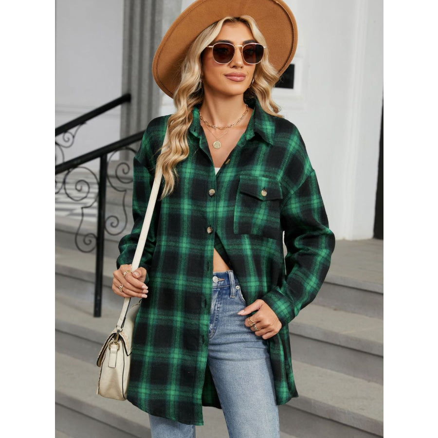 Plaid Collared Neck Long Sleeve Shirt Dark Green / S Apparel and Accessories
