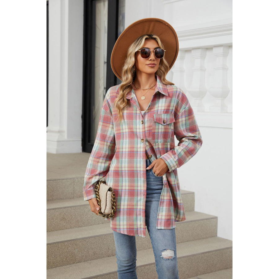 Plaid Collared Neck Long Sleeve Shirt Dusty Pink / S Apparel and Accessories