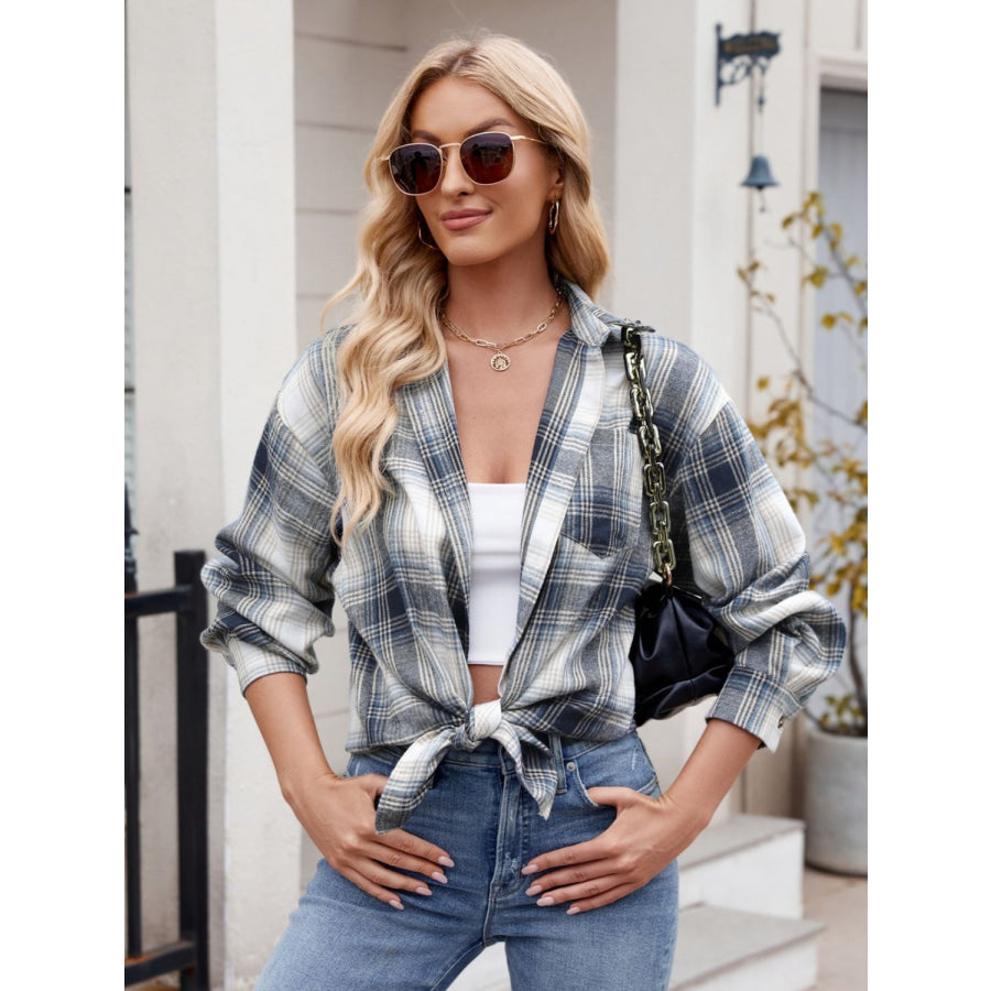 Plaid Collared Neck Long Sleeve Shirt French Blue / S Apparel and Accessories