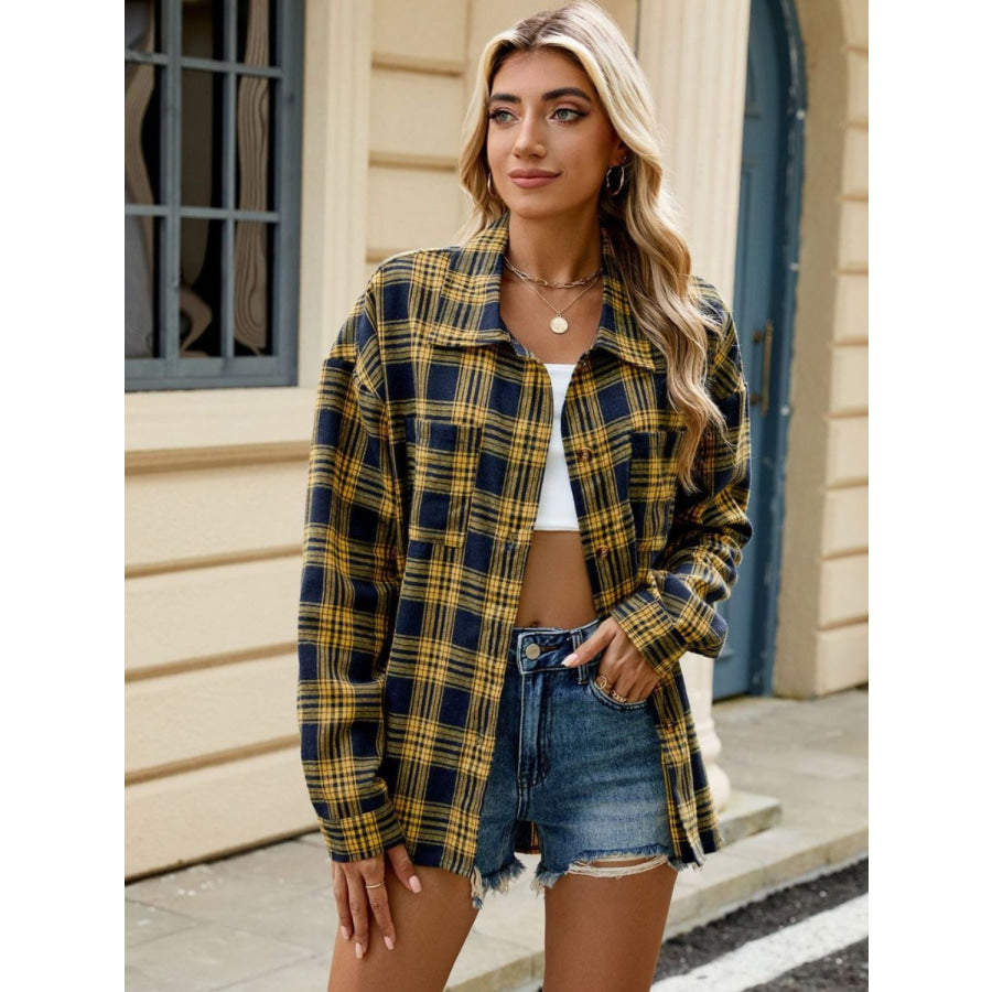 Plaid Collared Neck Long Sleeve Shirt Gold / S Apparel and Accessories