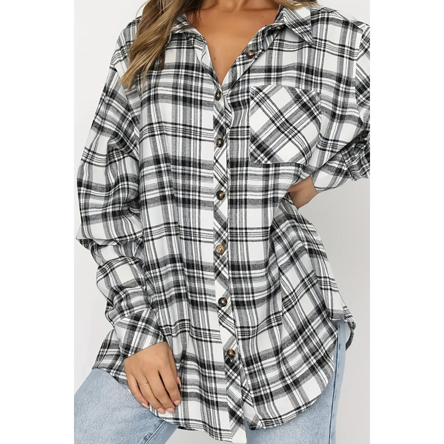 Plaid Collared Neck Long Sleeve Shirt Gray / S Apparel and Accessories