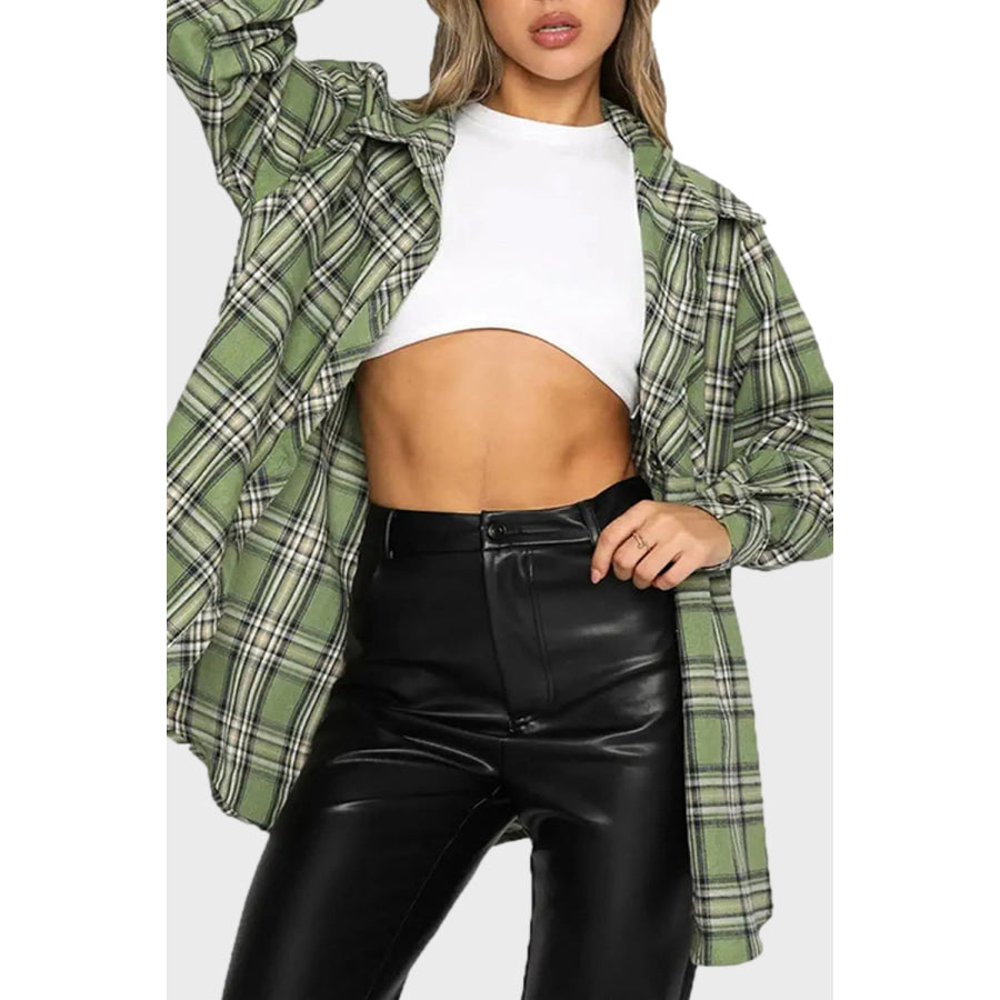 Plaid Collared Neck Long Sleeve Shirt Gum Leaf / S Apparel and Accessories