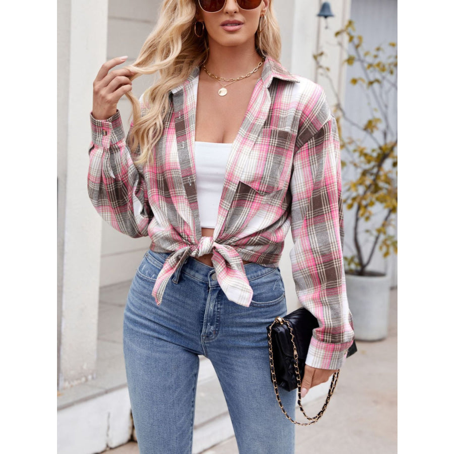 Plaid Collared Neck Long Sleeve Shirt Hot Pink / S Apparel and Accessories