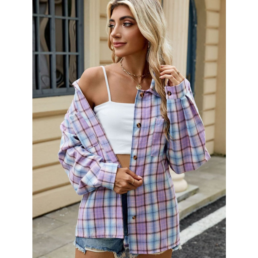 Plaid Collared Neck Long Sleeve Shirt Lavender / S Apparel and Accessories