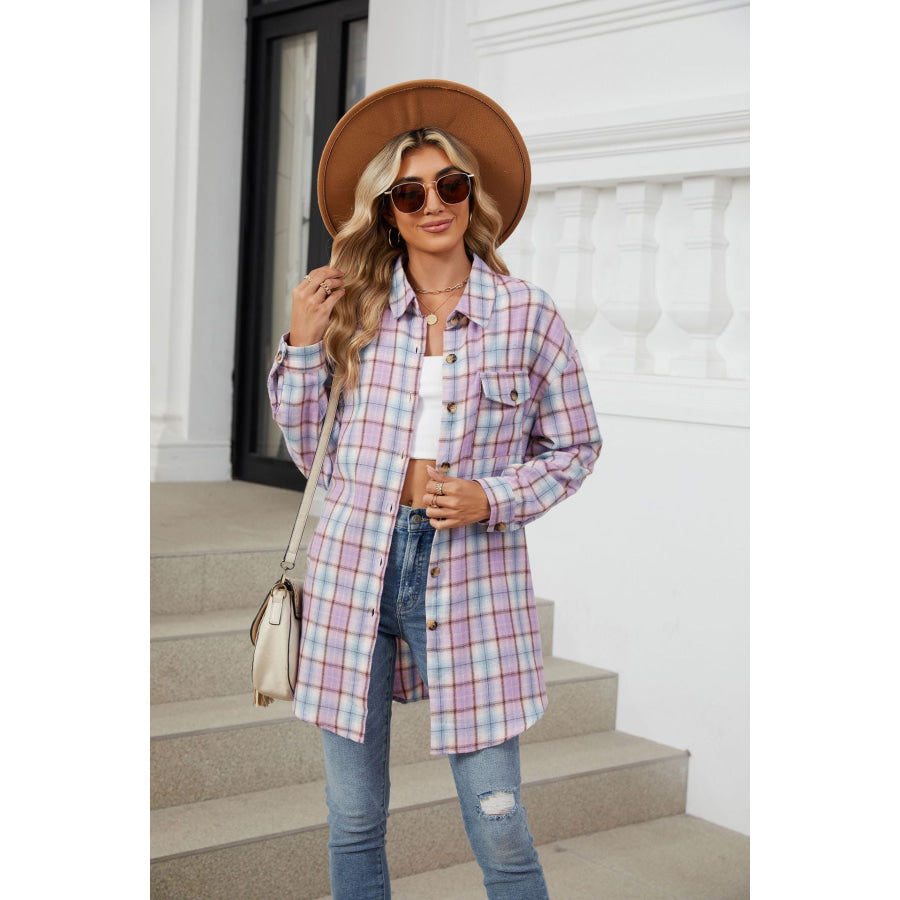 Plaid Collared Neck Long Sleeve Shirt Pink Purple / S Apparel and Accessories
