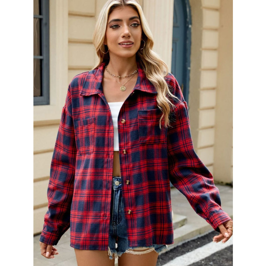 Plaid Collared Neck Long Sleeve Shirt Scarlet / S Apparel and Accessories