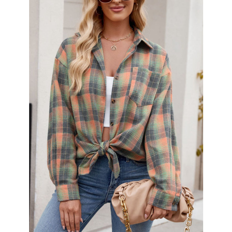 Plaid Collared Neck Long Sleeve Shirt Tangerine / S Apparel and Accessories