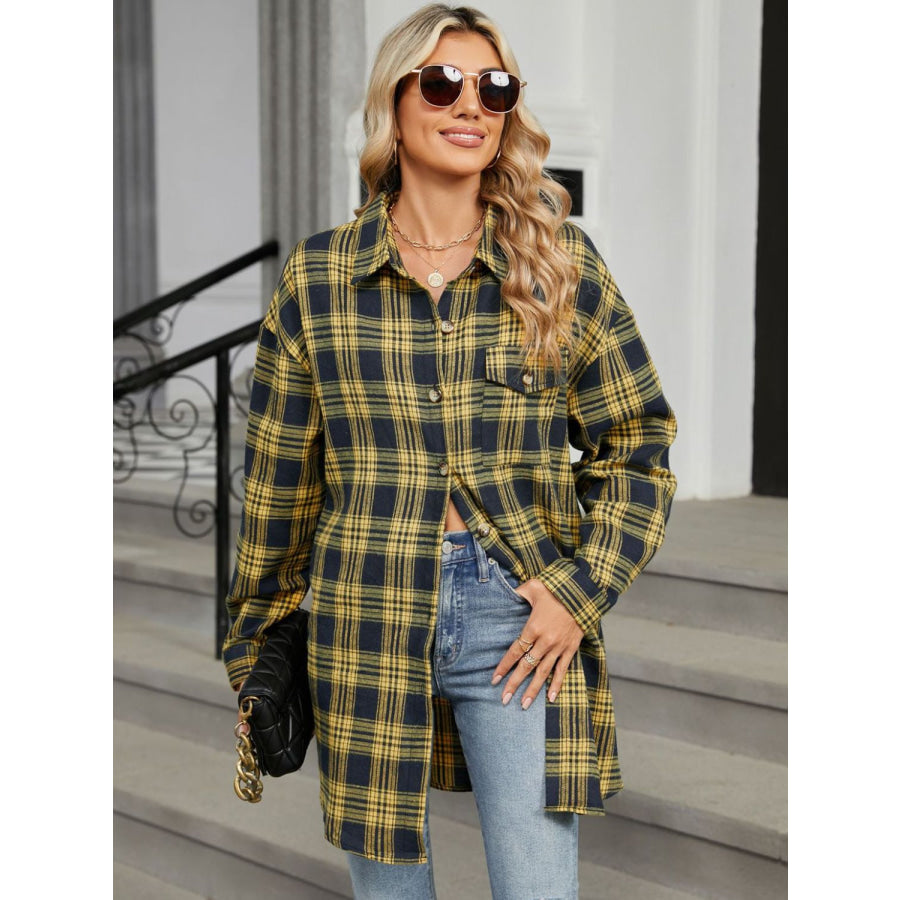Plaid Collared Neck Long Sleeve Shirt Yellow / S Apparel and Accessories