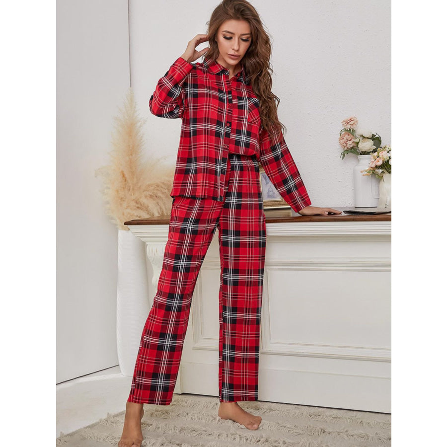 Plaid Collared Neck Long Sleeve Top and Pants Lounge Set Apparel and Accessories