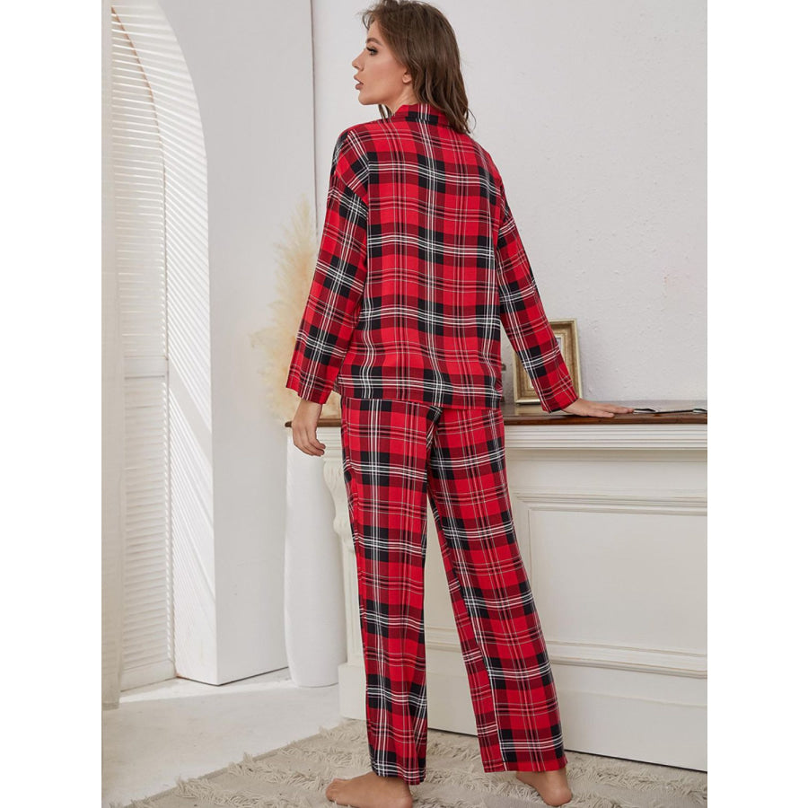 Plaid Collared Neck Long Sleeve Top and Pants Lounge Set Apparel and Accessories