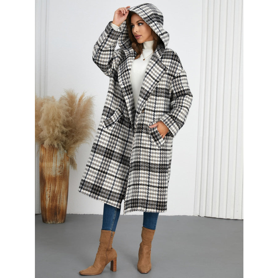 Plaid Double-Breasted Long Sleeve Longline Coat Apparel and Accessories