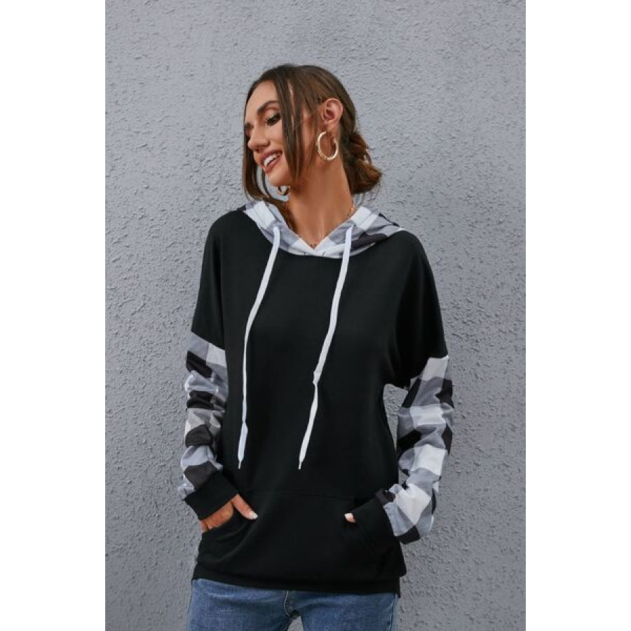 Plaid Drawstring Dropped Shoulder Hoodie Black / S Clothing