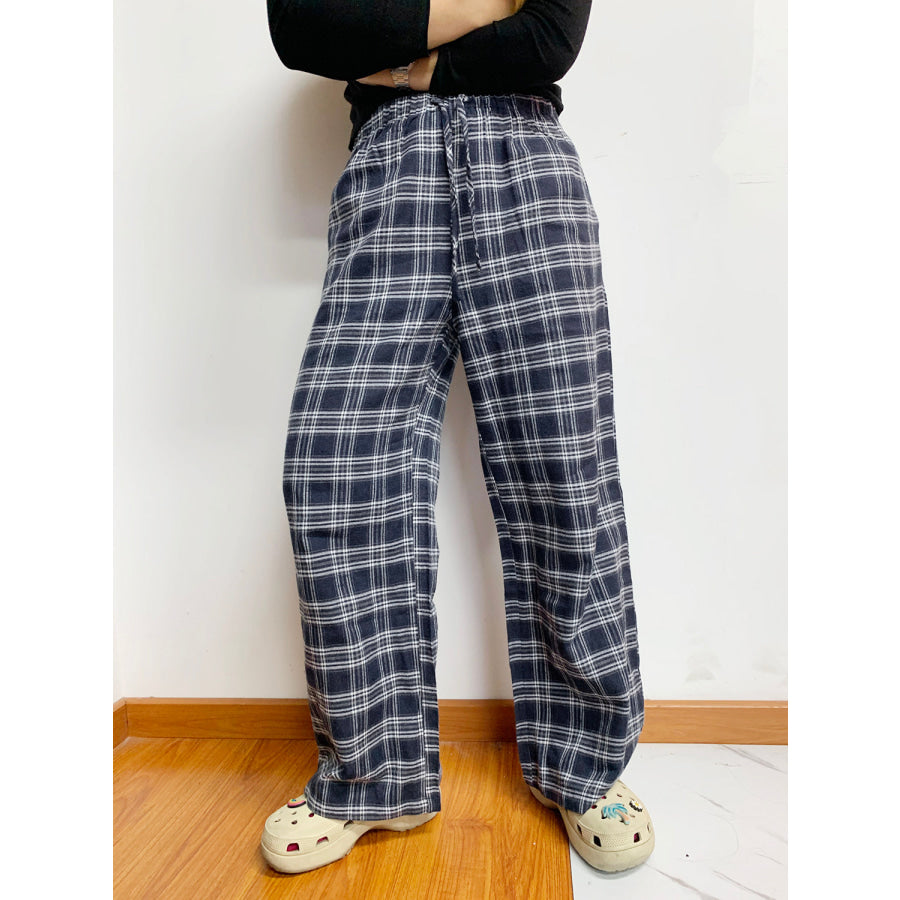Plaid Drawstring Wide Leg Pants Apparel and Accessories