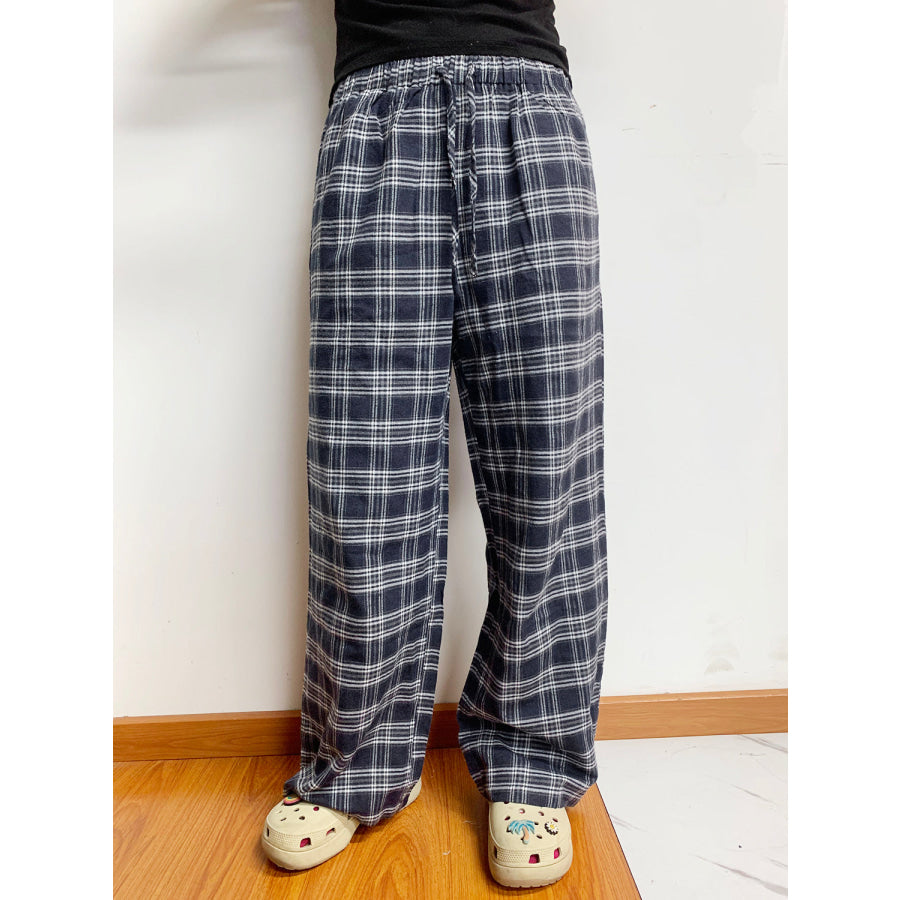 Plaid Drawstring Wide Leg Pants Dusty Blue / XS Apparel and Accessories