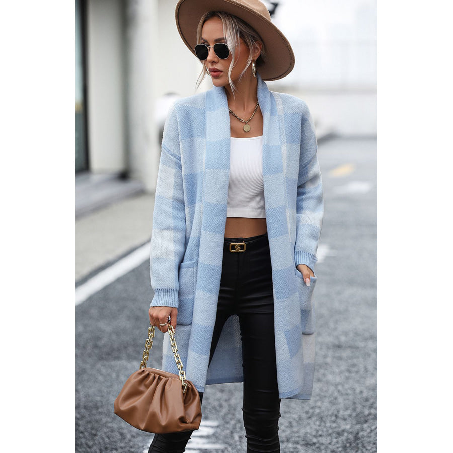 Plaid Dropped Shoulder Cardigan with Pocket Misty Blue / S