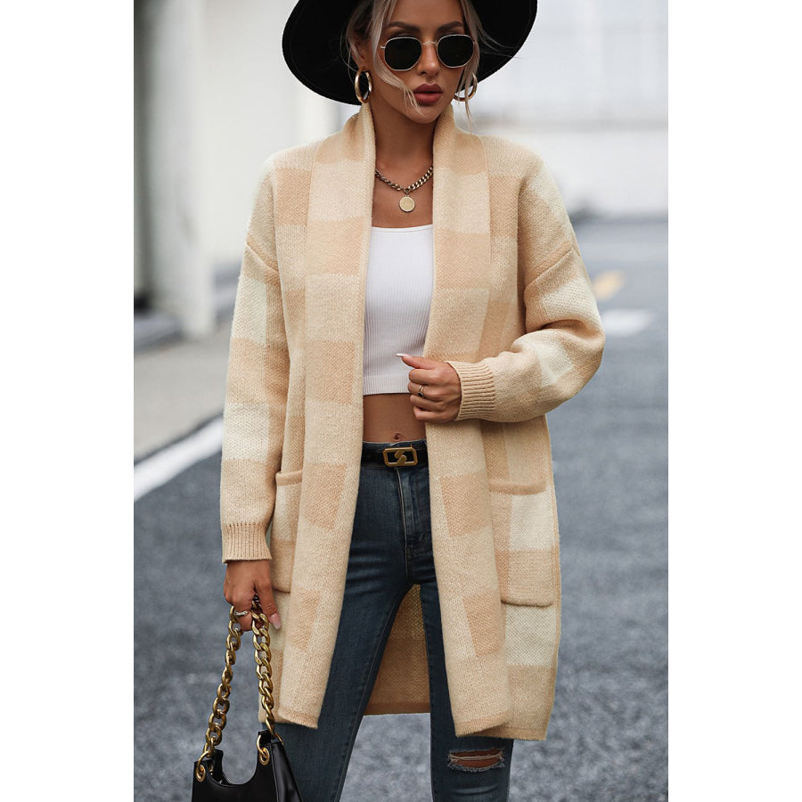 Plaid Dropped Shoulder Cardigan with Pocket Sand / S