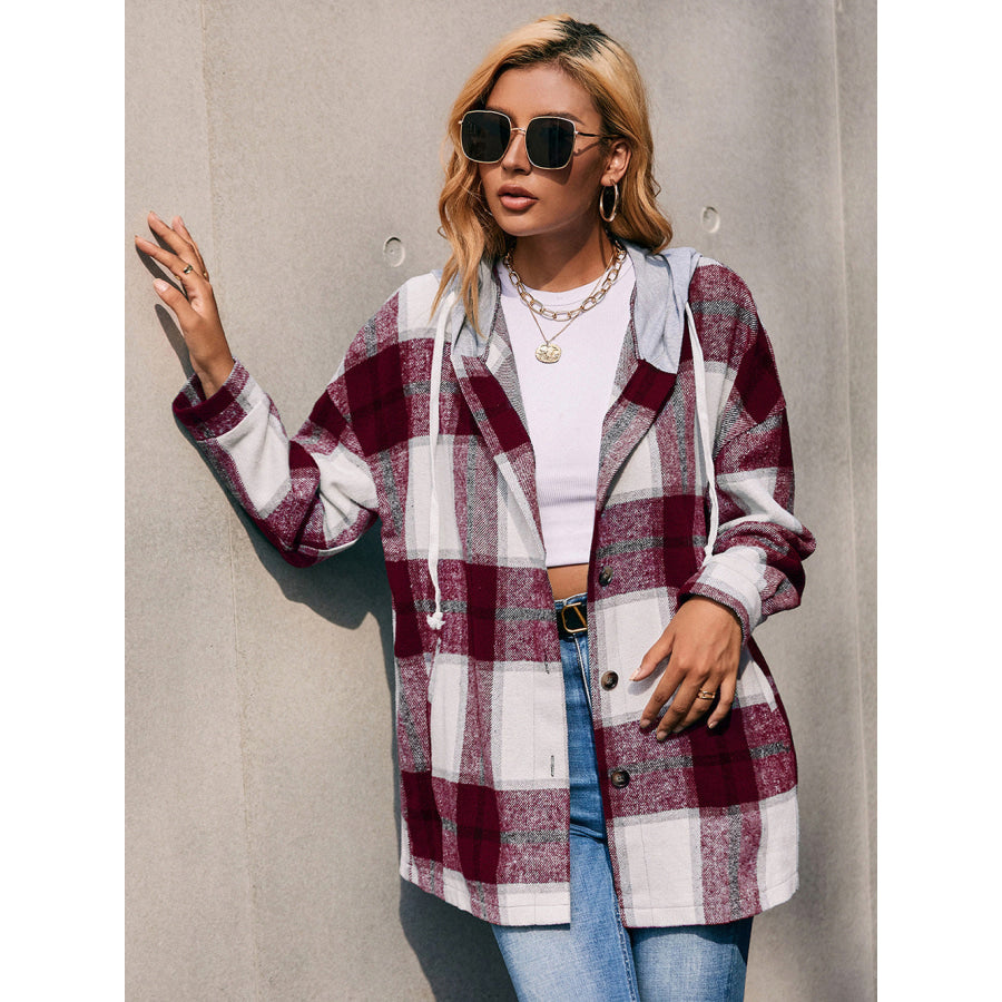 Plaid Dropped Shoulder Hooded Jacket Wine / S