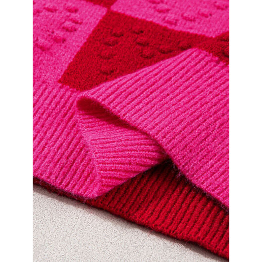 Plaid Heart Round Neck Sweater Apparel and Accessories