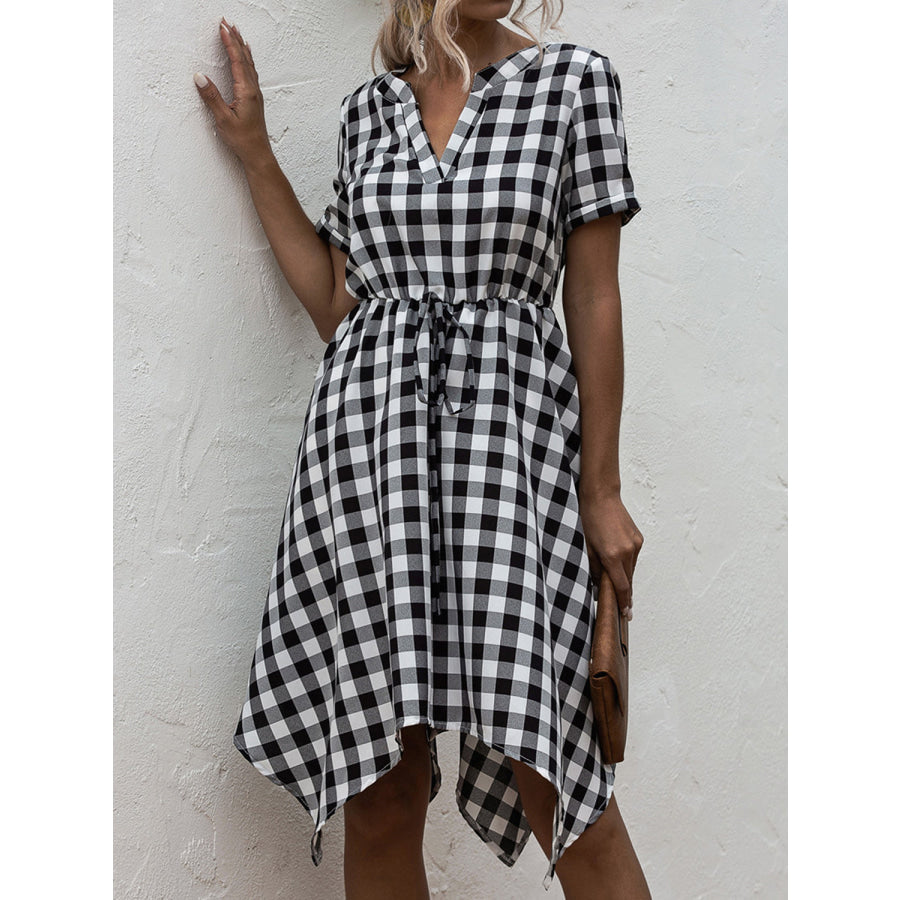 Plaid Notched Short Sleeve Dress Black / S Apparel and Accessories