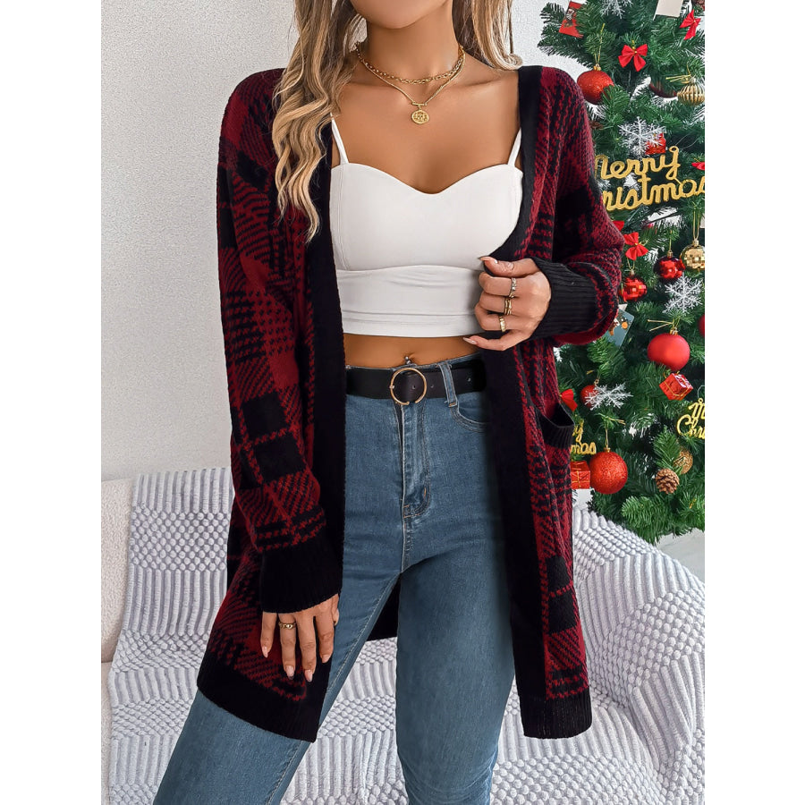 Plaid Open Front Long Sleeve Cardigan Apparel and Accessories