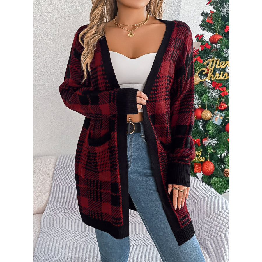 Plaid Open Front Long Sleeve Cardigan Burgundy / S Apparel and Accessories