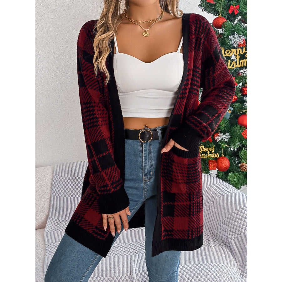 Plaid Open Front Long Sleeve Cardigan Apparel and Accessories