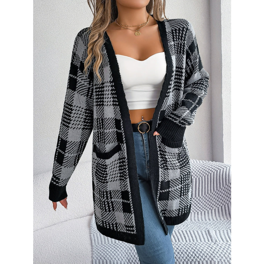 Plaid Open Front Long Sleeve Cardigan Black / S Apparel and Accessories