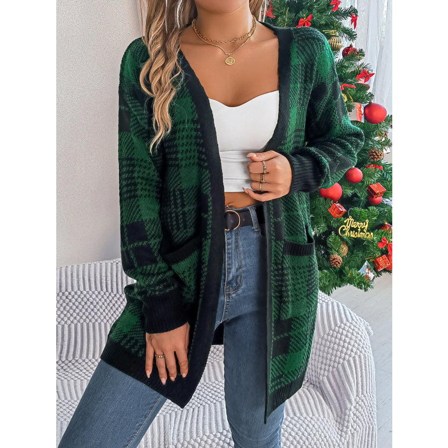 Plaid Open Front Long Sleeve Cardigan Dark Green / S Apparel and Accessories
