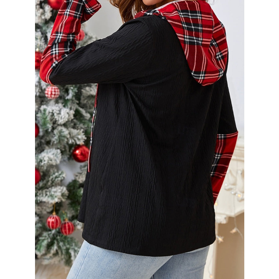 Plaid Quarter Zip Hooded T-Shirt Black / S Apparel and Accessories
