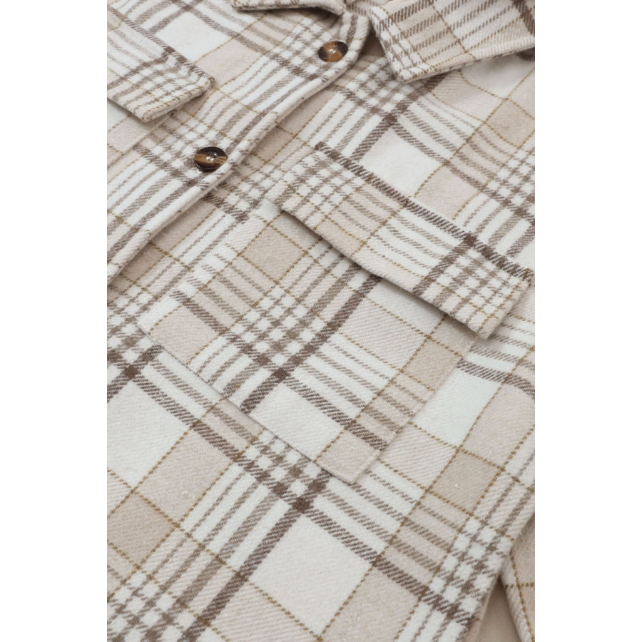 Plaid Removable Hood Button Up Shacket Apparel and Accessories