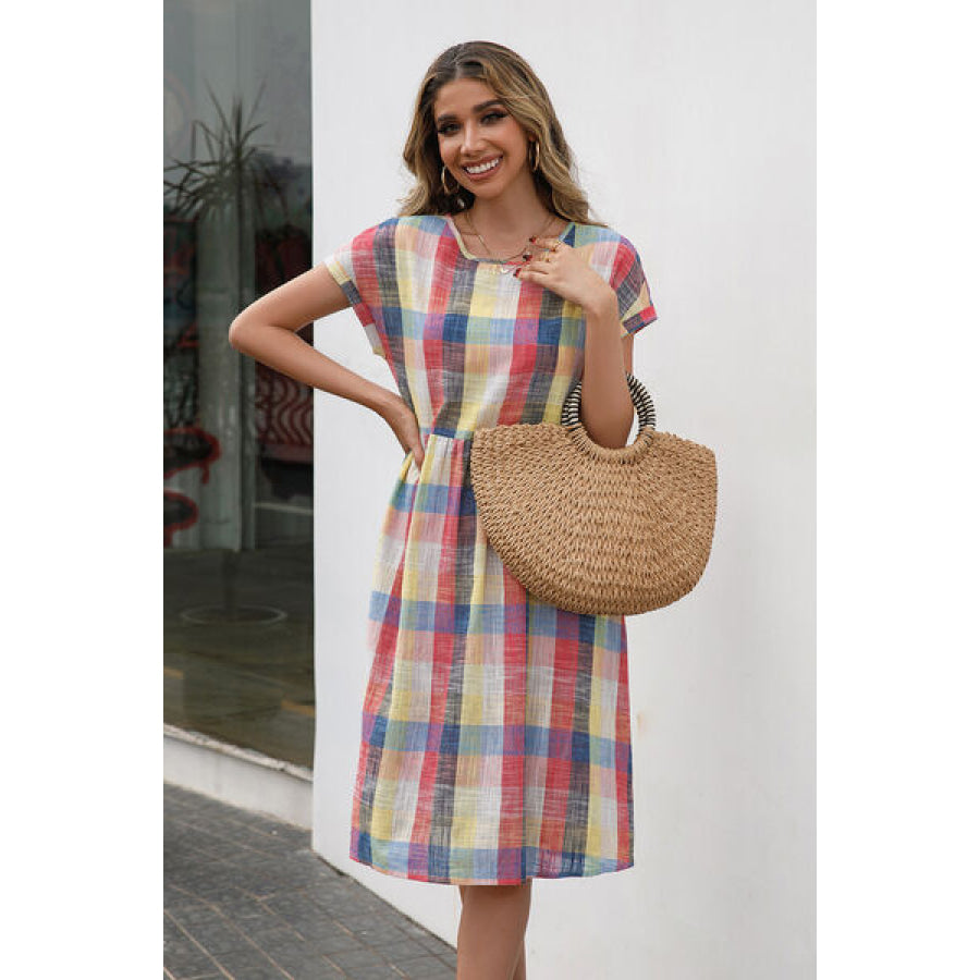 Plaid Round Neck Cap Sleeve Dress Apparel and Accessories