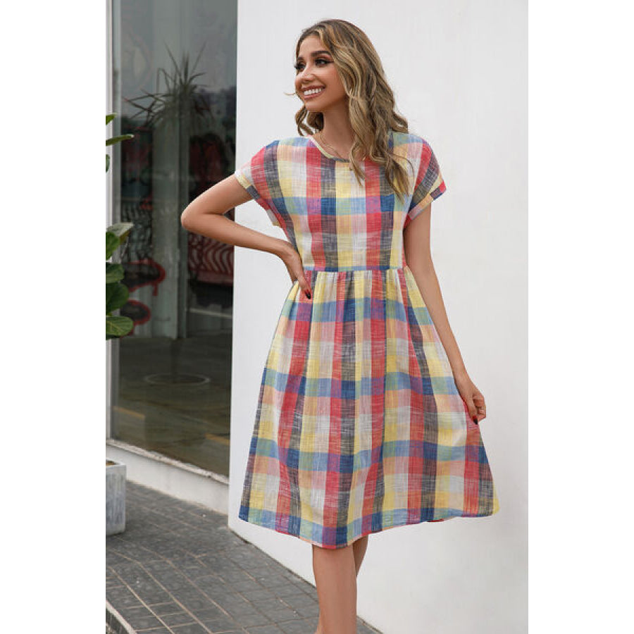 Plaid Round Neck Cap Sleeve Dress Apparel and Accessories