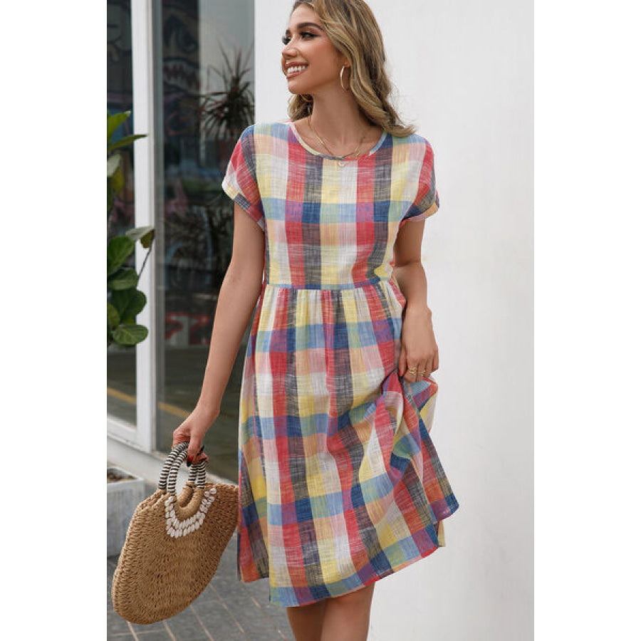Plaid Round Neck Cap Sleeve Dress Apparel and Accessories