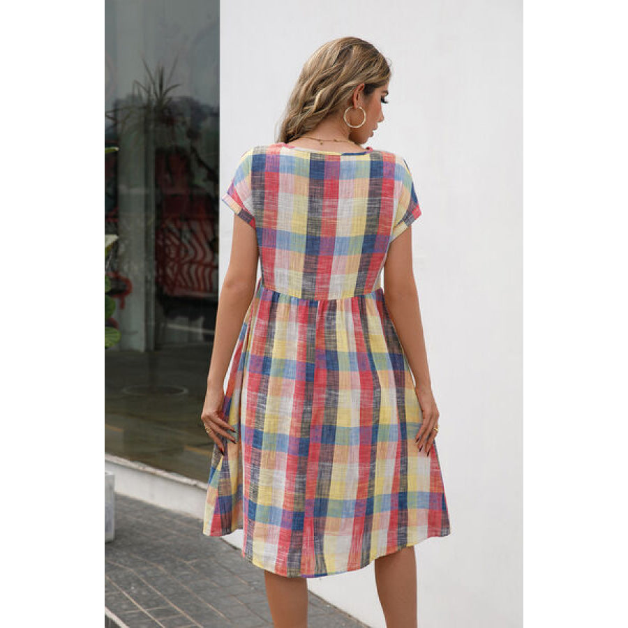Plaid Round Neck Cap Sleeve Dress Apparel and Accessories