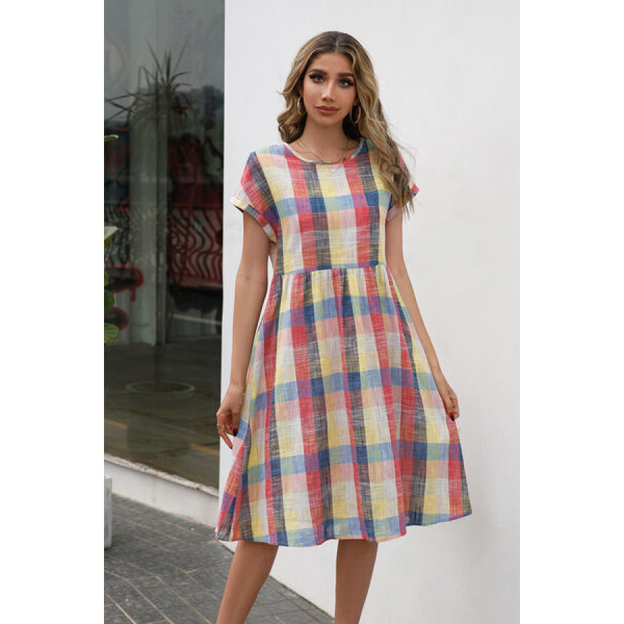 Plaid Round Neck Cap Sleeve Dress Red / S Apparel and Accessories