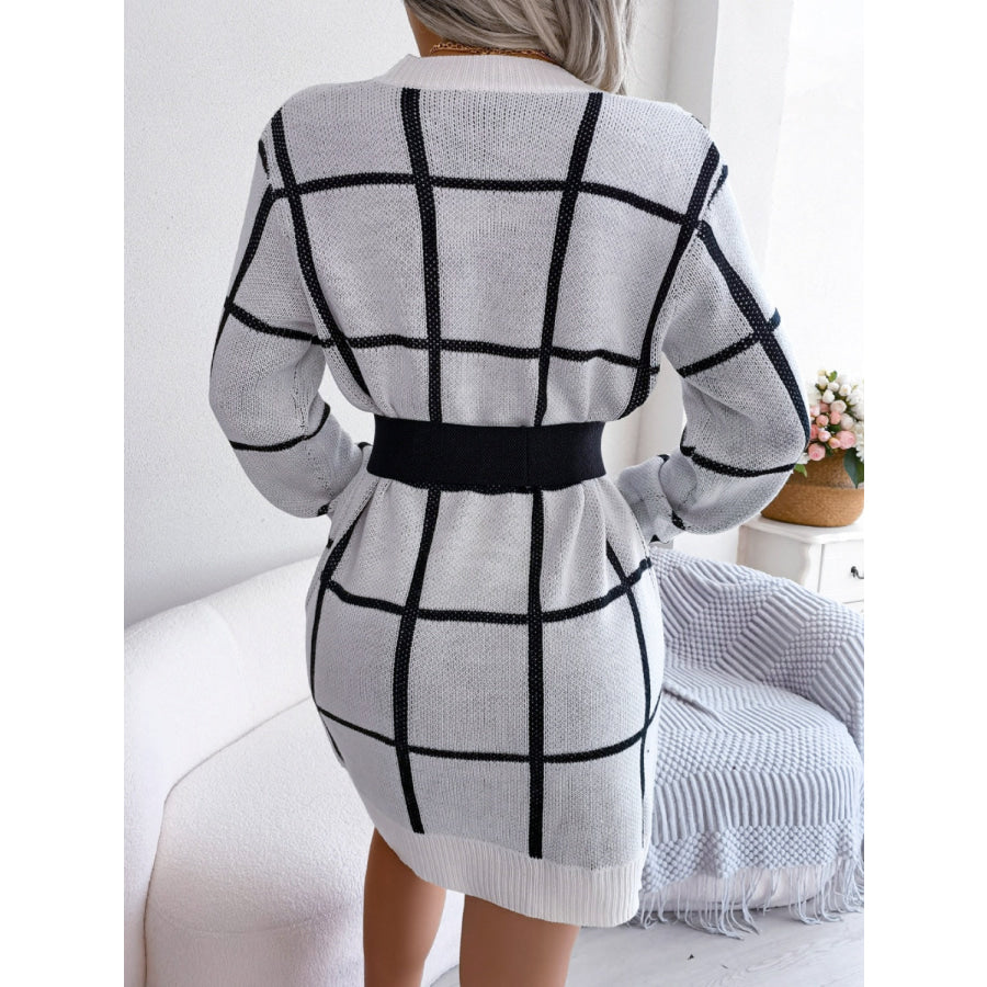 Plaid Round Neck Dropped Shoulder Sweater Dress Apparel and Accessories