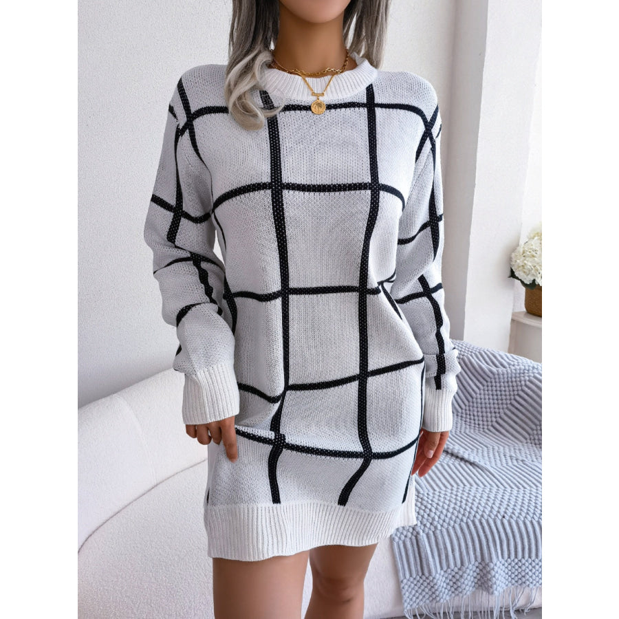 Plaid Round Neck Dropped Shoulder Sweater Dress Apparel and Accessories