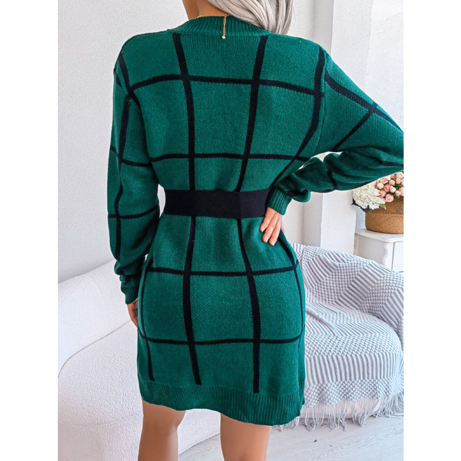 Plaid Round Neck Dropped Shoulder Sweater Dress Apparel and Accessories