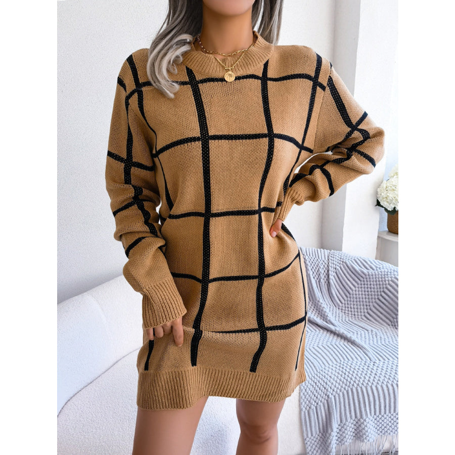 Plaid Round Neck Dropped Shoulder Sweater Dress Apparel and Accessories