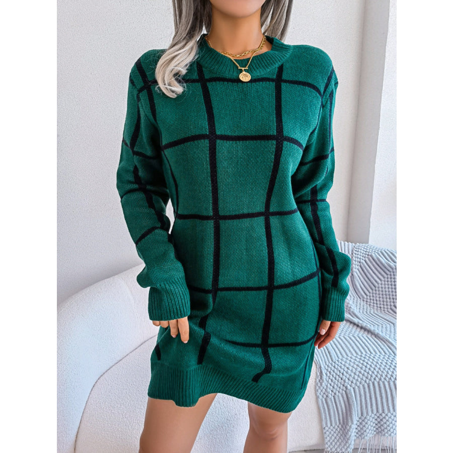 Plaid Round Neck Dropped Shoulder Sweater Dress Black Forest / S Apparel and Accessories